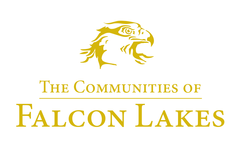 The Communities of Falcon Lakes logo displayed in gold.