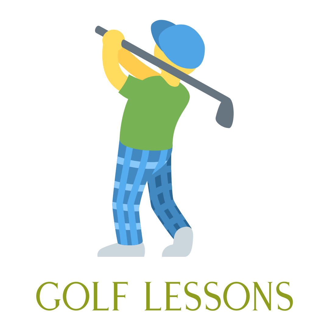 An illustration of a golfer swinging a club with the text "GOLF LESSONS" displayed below.