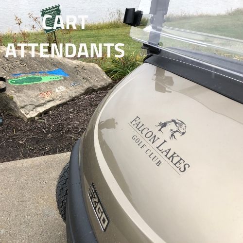 A closeup view of the front of a Falcon Lakes Golf Club cart. The text "CART ATTENDANTS" is superimposed in the top-left corner.