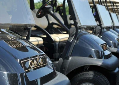 A closeup view of a row of golf carts at Falcon Lakes Golf Club.
