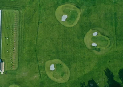 An overhead view of the driving range at Falcon Lakes Golf Club.