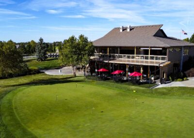 Aerial photo of Falcon Lakes Golf Course clubhouse.